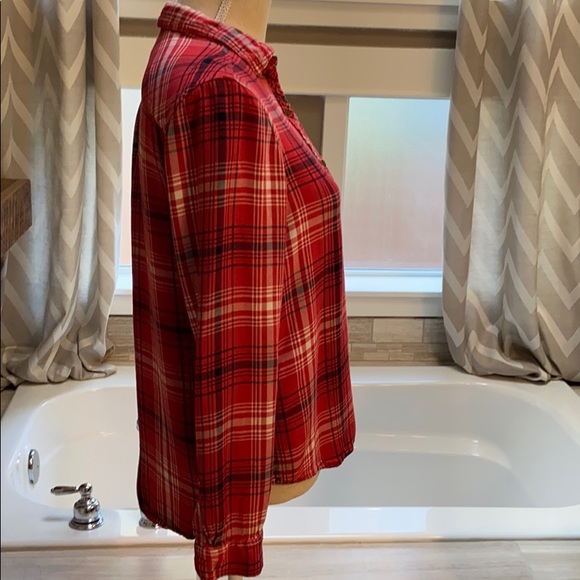 Plaid Dressy Rayon Soft Red Flannel-Look Button Down Button Front Shirt Blouse - Picture 5 of 11